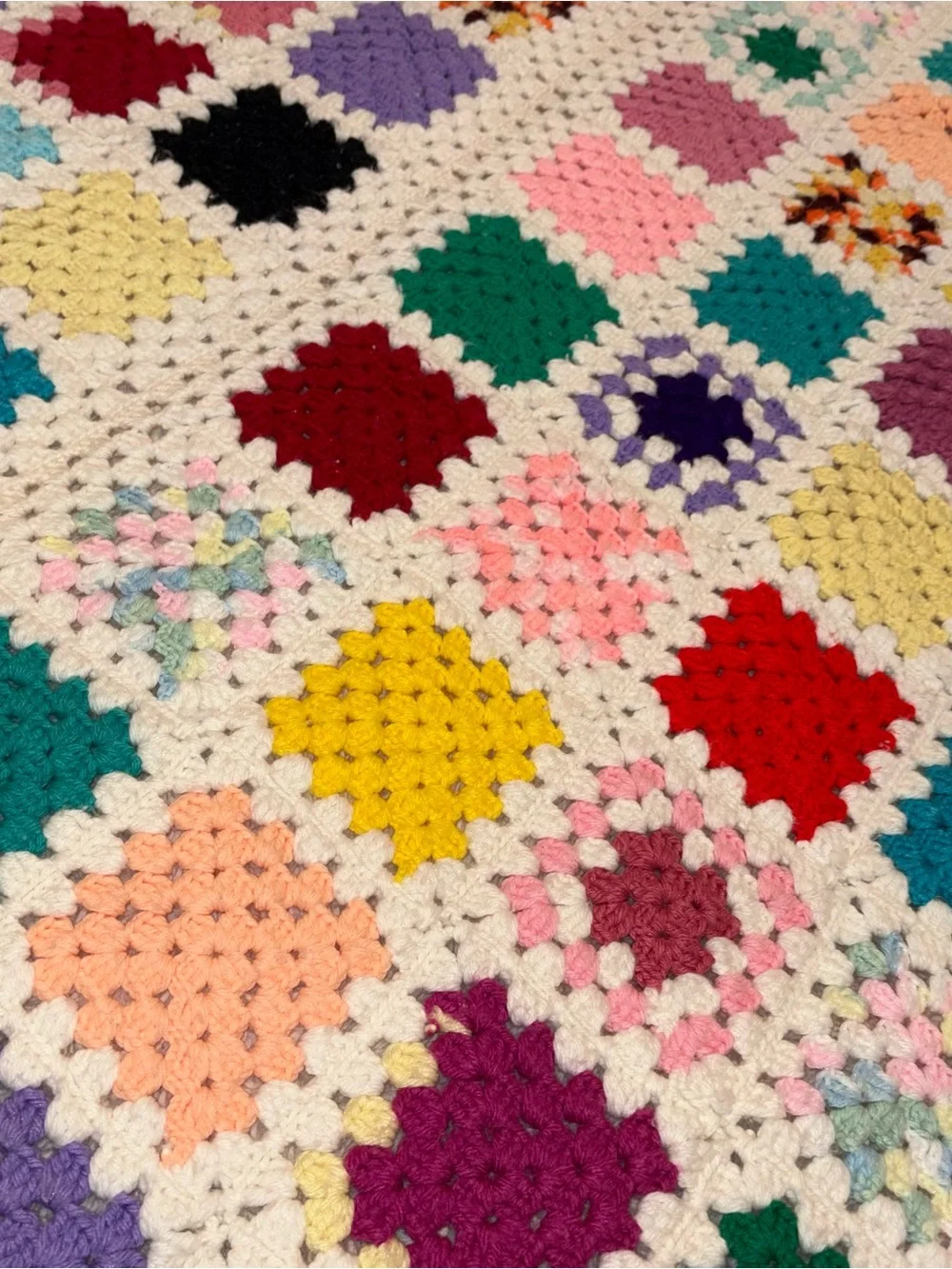 Handmade Multicolor Crochet Granny Square Blanket - White Border